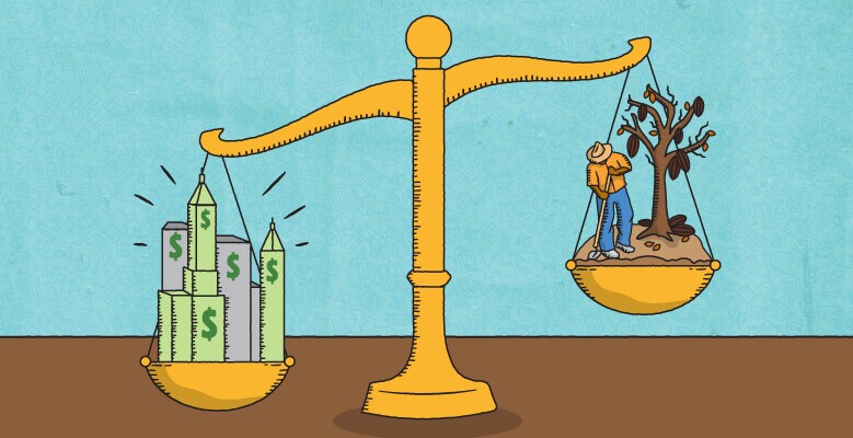 Scale with $ building and a farmer