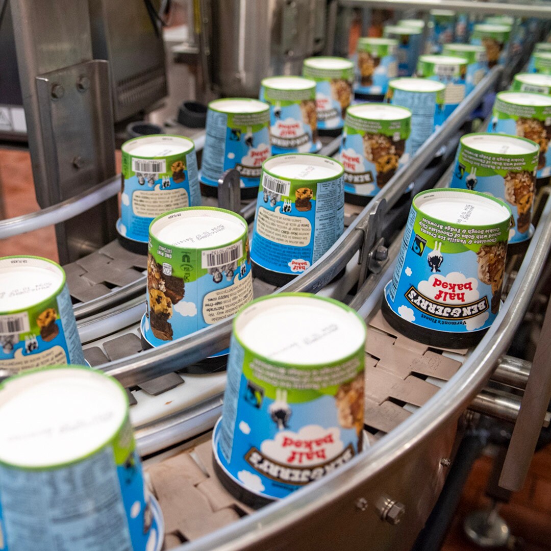 Ice cream pints on a factory line