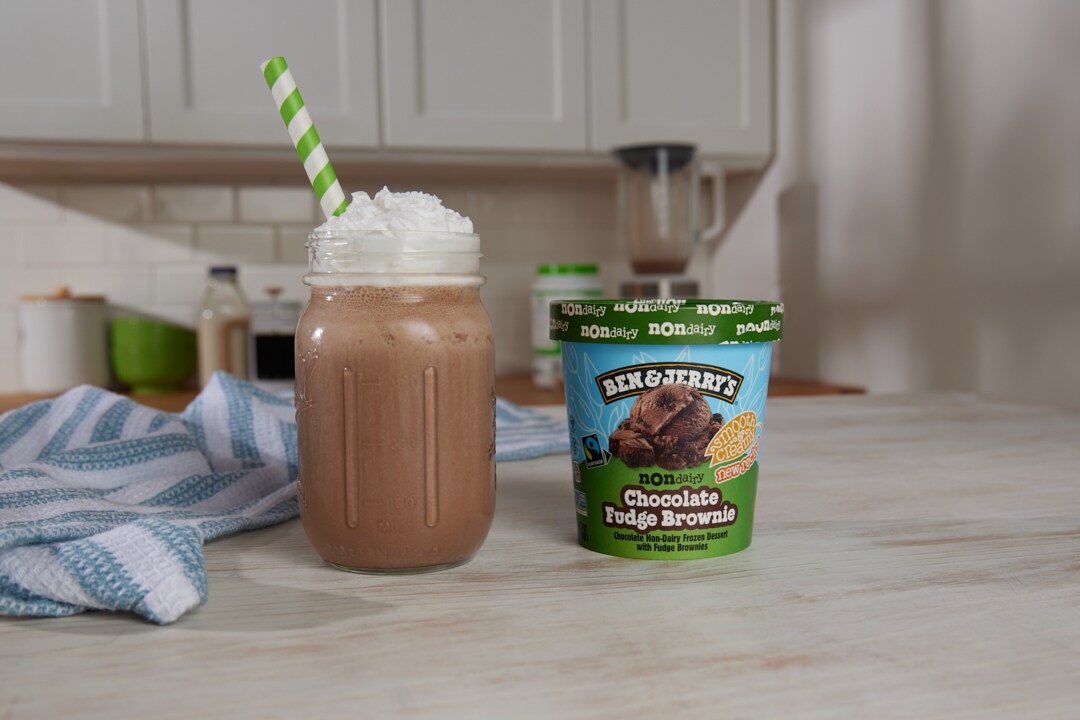 Ben & Jerry's New-Year-New-You Coffee Shake next to a pint of Ben & Jerry's Chocolate Fudge Brownie Non-Dairy.