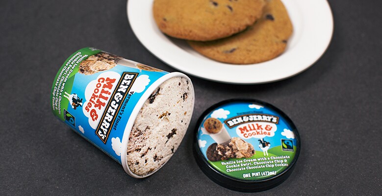 A pint of Milk & Cookies Ben & Jerry's ice cream with a plate of cookies