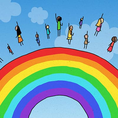 Illustration of a rainbow with people flying toward the sky