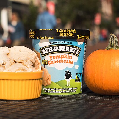 a bowl of  Ben & Jerry's Pumpkin Cheesecake and a pumpkin