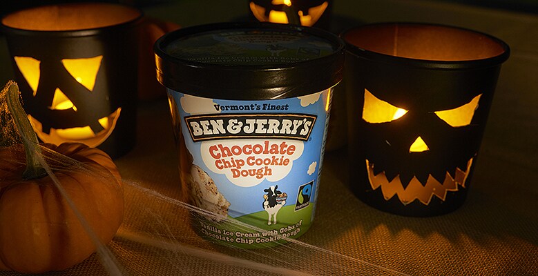 Pint of Chocolate Chip Cookie Dough and lit pumpkins