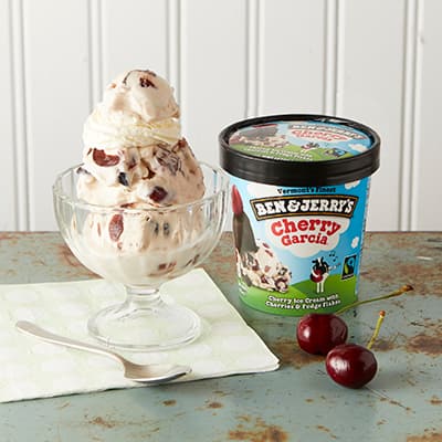 A pint of Ben & Jerry's Cherry Garcia with a sundae