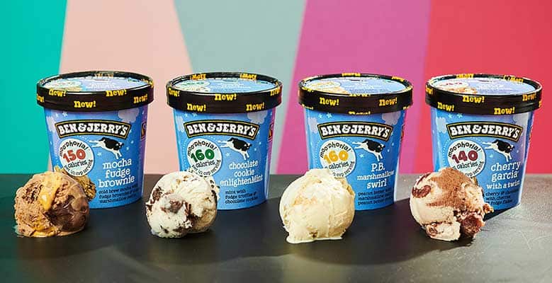 Four pints of Ben & Jerry's Moo-phoria light ice cream on a bright background