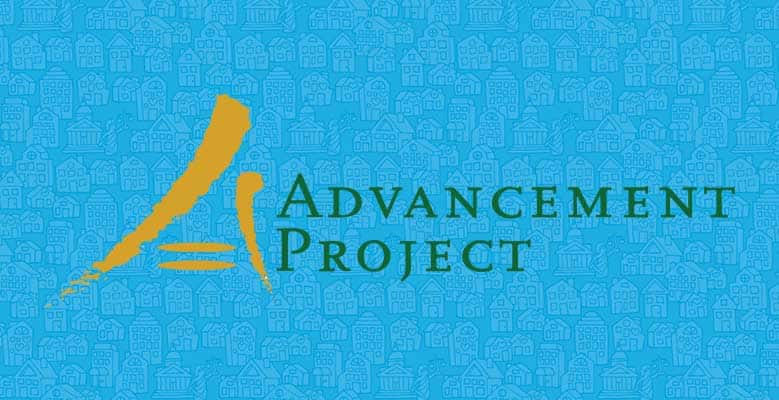 Advancement Project logo on an illustrated blue background