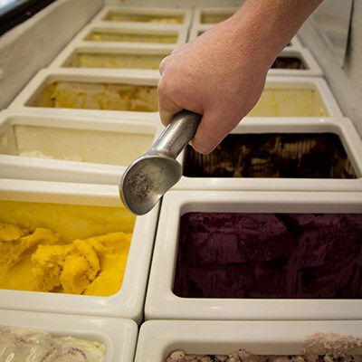 A Picture of a ice cream scoop going into a bucket of ice cream