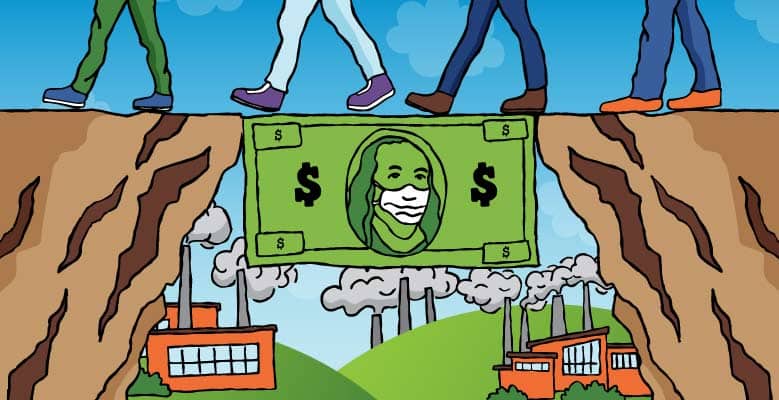 Illustration of people relying on a dollar bill to walk over a break in the ground