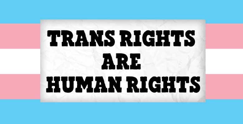 Trans flag with text: Trans rights are human rights.